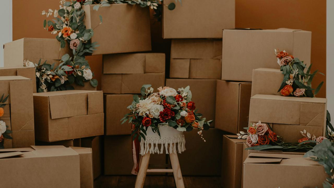 Moving boxes with flowers
